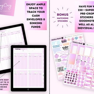 May include: Two digital planners on a tablet screen, one for tracking cash envelopes and sinking funds, and the other for tracking weekly expenses. The planners are pink and white with a modern design. The image also includes a bonus sticker pack with 230+ pre-cropped stickers for Goodnotes.