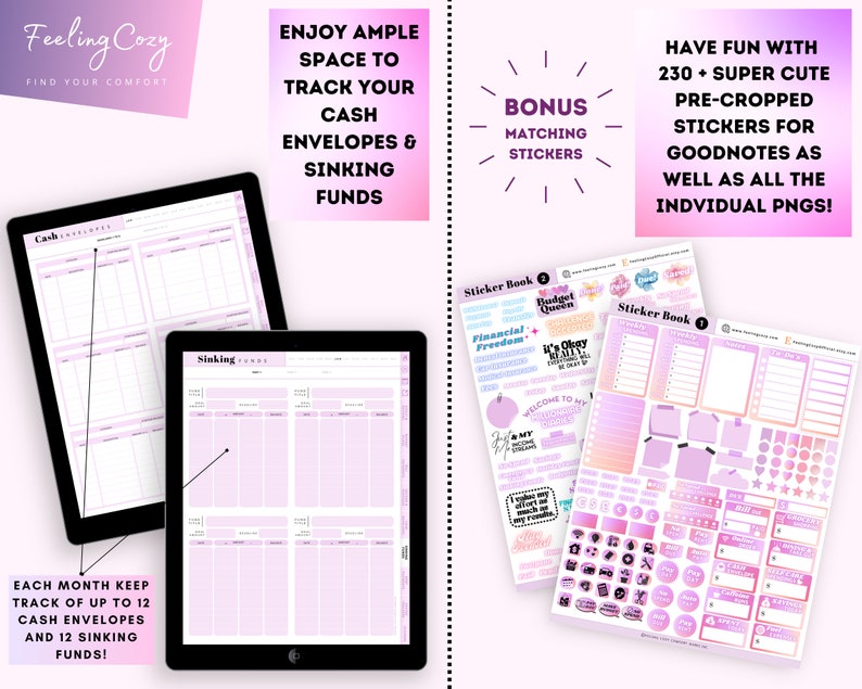 May include: Two digital planners on a tablet screen, one for tracking cash envelopes and sinking funds, and the other for tracking weekly expenses. The planners are pink and white with a modern design. The image also includes a bonus sticker pack with 230+ pre-cropped stickers for Goodnotes.