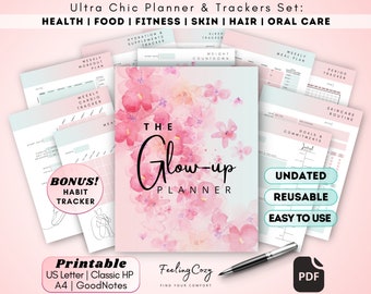 Pode incluir: Conjunto de planejador e rastreadores imprimíveis com um design floral rosa. O conjunto inclui rastreadores para saúde, alimentação, fitness, pele, cabelo e cuidados bucais. O planejador não é datado, é reutilizável e fácil de usar. O texto "The Glow-up Planner" aparece na capa.
