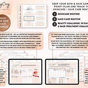 Puede incluir: Un planificador imprimible rosa y blanco con el texto "Feeling Cozy" y "Track Your Skin & Hair Progress". El planificador est&aacute; dise&ntilde;ado para ayudarte a llevar un registro de tus rutinas de cuidado de la piel y el cabello, con secciones para actualizaciones diarias y mensuales. Tambi&eacute;n incluye un desaf&iacute;o de 30 d&iacute;as para la piel y el cabello.