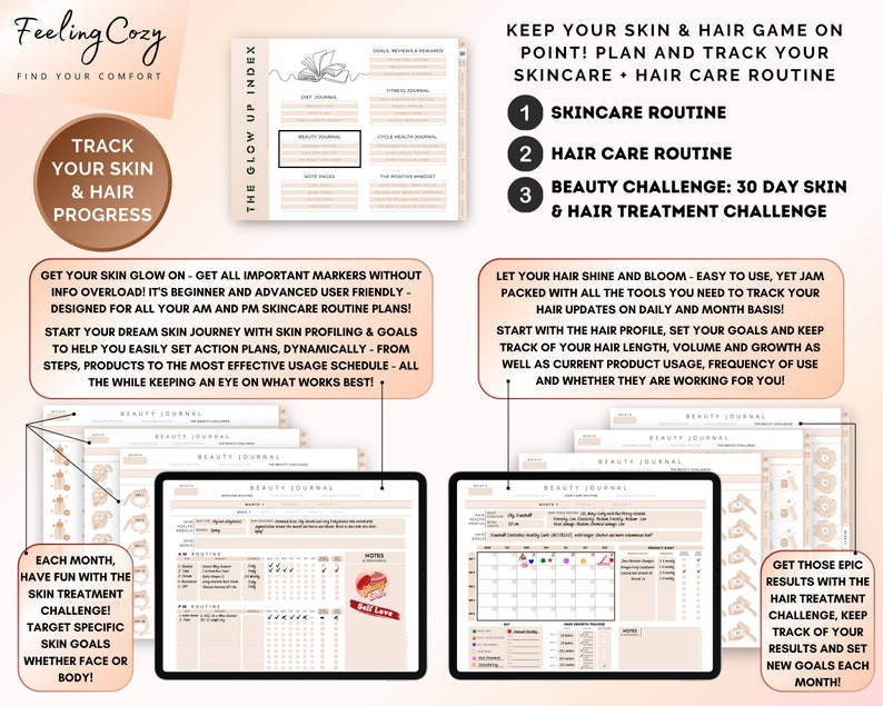 Puede incluir: Un planificador imprimible rosa y blanco con el texto "Feeling Cozy" y "Track Your Skin & Hair Progress". El planificador est&aacute; dise&ntilde;ado para ayudarte a llevar un registro de tus rutinas de cuidado de la piel y el cabello, con secciones para actualizaciones diarias y mensuales. Tambi&eacute;n incluye un desaf&iacute;o de 30 d&iacute;as para la piel y el cabello.