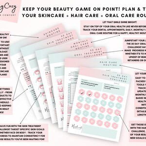 May include: Pink and blue printable planner pages with the text "Keep your beauty game on point! Plan & track your skincare + hair care + oral care routine!"  The pages are designed to help you track your skincare, hair care, and oral care routines.