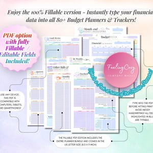 100% Fillable PDF budget planner preview open in US Letter size (8.5 x 11 inch), highlighting typable blue fields compatible with computers, tablets, and smartphones for neat digital entry.