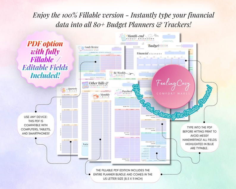 100% Fillable PDF budget planner preview open in US Letter size (8.5 x 11 inch), highlighting typable blue fields compatible with computers, tablets, and smartphones for neat digital entry.