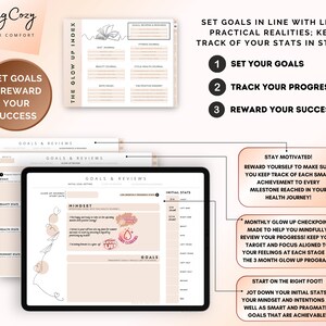 Puede incluir: Una tableta digital que muestra un planificador imprimible con un esquema de color rosa y marr&oacute;n. El planificador se titula "The Glow Up Index" e incluye secciones para establecer objetivos, realizar un seguimiento del progreso y recompensar el &eacute;xito. El texto "&iexcl;Mantente motivado!" se destaca en un cuadro rosa.