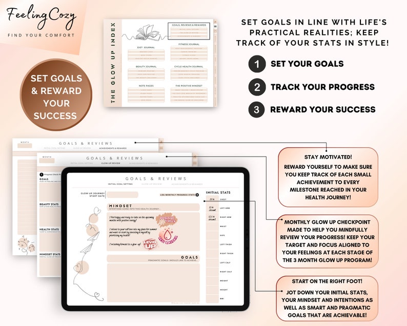 Puede incluir: Una tableta digital que muestra un planificador imprimible con un esquema de color rosa y marr&oacute;n. El planificador se titula "The Glow Up Index" e incluye secciones para establecer objetivos, realizar un seguimiento del progreso y recompensar el &eacute;xito. El texto "&iexcl;Mantente motivado!" se destaca en un cuadro rosa.