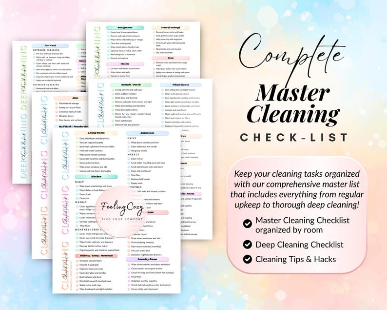 Detailed room-by-room home maintenance system featuring car wash, attic, and mudroom deep cleaning checklists; colorful printable PDF with thorough task lists and expert cleaning hacks for a perfectly organized house.