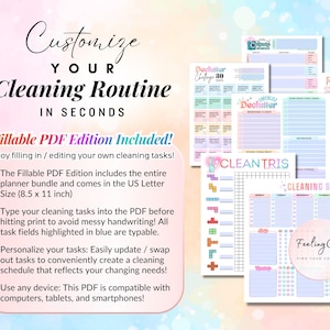 A promotional graphic for a fillable and editable ADHD cleaning planner bundle showing various color-coded pages like the Clean-tris tracker and Declutter challenge. Highlights the ability to type tasks directly into the PDF to avoid messy handwriting, US Letter size compatibility, and use on computers, tablets, or smartphones