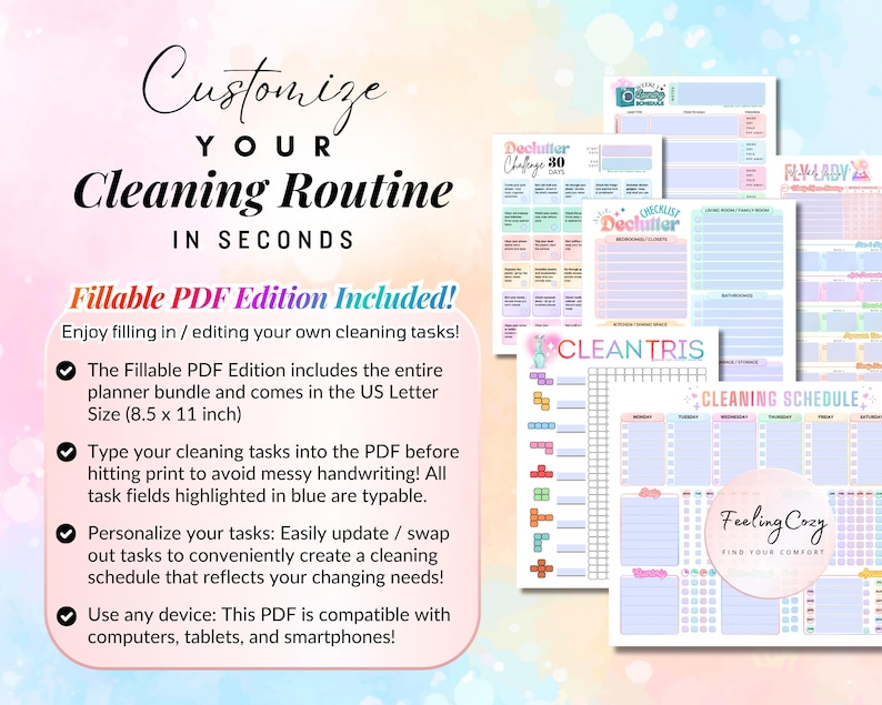 A promotional graphic for a fillable and editable ADHD cleaning planner bundle showing various color-coded pages like the Clean-tris tracker and Declutter challenge. Highlights the ability to type tasks directly into the PDF to avoid messy handwriting, US Letter size compatibility, and use on computers, tablets, or smartphones