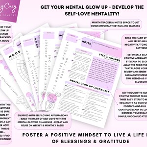 May include: A printable worksheet set with a pink and purple color scheme. The worksheets are designed to help you develop a positive mindset and self-love. The text on the worksheets includes "Get Your Mental Glow Up - Develop the Self-Love Mentality!" and "Foster a Positive Mindset to Live a Life Full of Blessings & Gratitude".