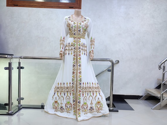 Moroccan Bride Caftan White Dress for Wedding Embroidered Caftan