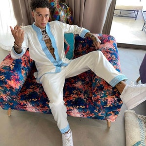 2-Pieces Circumcision Jabador For Men, Blue Jabador For Wedding, Long Dress For Men, Moroccan Kaftan For Men