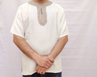 Moroccan Tunic For Men, Off White T-shirt For Men, Tunic For Summer, Handmade Tunic For men, Gift For Him, Embroidered Tunic