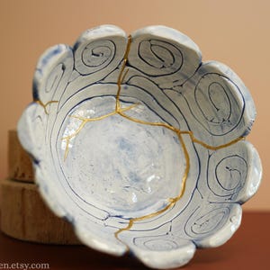 Kintsugi Repaired Blue Decorative Bowl, Unique Home Decor Gift