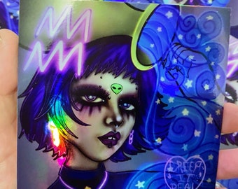 ACUARIO ~ Chica del Zodíaco ~ 4x4 HOLOGRAPHIC vinilo STICKER / Resistente a la intemperie