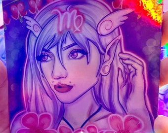VIRGO ~ Chica del zodiaco ~ PEGATINA DE VINILO HOLOGRÁFICA 4x4 / Resistente a la intemperie