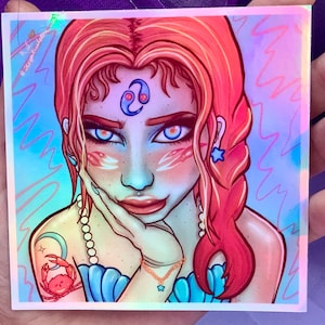 CANCER ~ Zodiac girl ~ 4x4 HOLOGRAPHIC vinyl STICKER / Weatherproof
