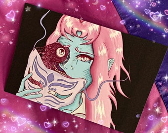 May include: A digital illustration of a woman with pink hair wearing a blue and white mask. The mask has a large, open mouth with sharp teeth. The woman's eyes are wide and she appears to be crying.
