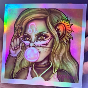 LEO ~ Zodiac girl ~ 4x4 HOLOGRAPHIC vinyl STICKER / Weatherproof