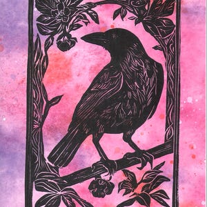 Vintage Crow Hand Carved Lino Print 8 X 10, Archival Block printing Ink
