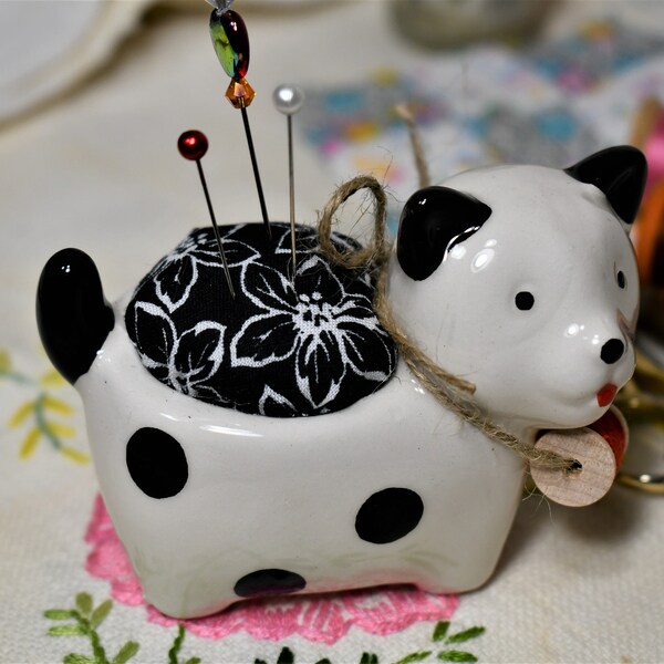 Polka Dot Puppy Pincushion, OOAK, Black and Red, Quilter gift, Sewist gift