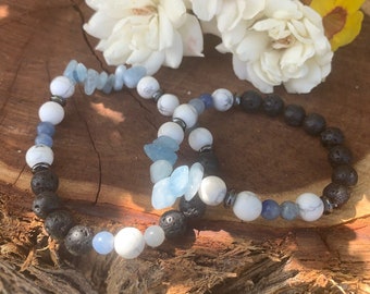Healing Gemstone Bracelet: Aquamarine, Lava, and Howlite - Stress Relief