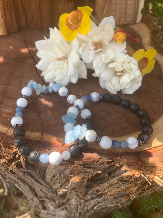 Healing Gemstone Bracelet: Aquamarine, Lava, and Howlite - Stress Relief