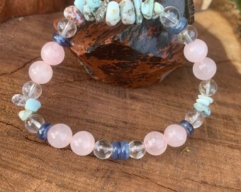 Gemstone Stretch Bracelet: Rose Quartz, Larimar, Kyanite - Self Love & Healing