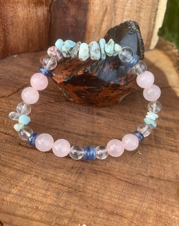 Gemstone Stretch Bracelet: Rose Quartz, Larimar, Kyanite - Self Love & Healing