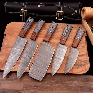 HAND FORGED DAMASCUS Steel Chef's Knives Set, Kitchen Tools, Gift for Her, Christmas Gift, Chef Knife Set, Unique Gift, Leather,Wedding gift