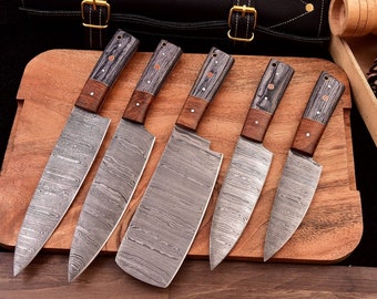 HAND FORGED DAMASCUS Steel Chef's Knives Set, Kitchen Tools, Gift for Her, Christmas Gift, Chef Knife Set, Unique Gift, Leather,Wedding gift