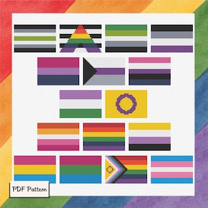 Może przedstawiać: Cyfrowy wzór na haft krzyżykowy przedstawiający różne flagi dumy, w tym flagi transpłciowe, lesbijskie, gejowskie, biseksualne, panseksualne, aseksualne, interseksualne i niebinarny. Wzór jest wyświetlany na białym tle z tęczową ramką.