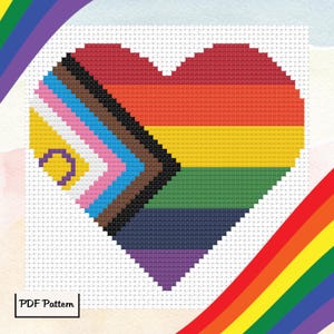Progress Pride Heart | DMC Cross Stitch Pattern PDF - Instant Digital Download | Fun Easy Beginner Sewing Craft | Love Inclusive Queer LGBTQ