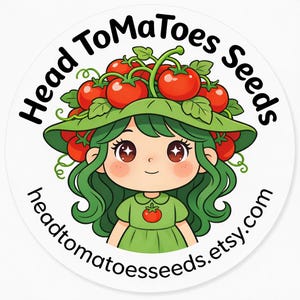 May include: A circular sticker with a cartoon girl wearing a hat of tomatoes and leaves. The girl has green hair and a green dress. The text "Head ToMaToes Seeds" and "headtomatoesseeds.etsy.com" are in a circular pattern around the image.