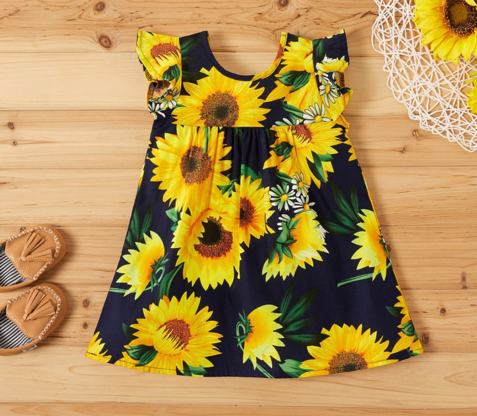 Baby Girl Ruffled Sleeve Sunflower Print DressSunflowers Etsy