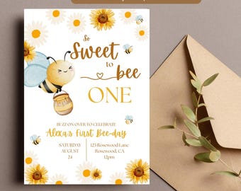 Bee 1st Birthday Invitation: Editable Bumble Bee Party, Canva Template (Digital Download)