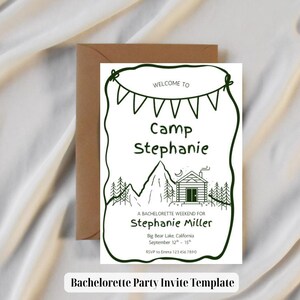 Uitnodiging camping vrijgezellenfeest: rustieke glamping-weekenduitnodiging en reisplansjabloon (digitale download)