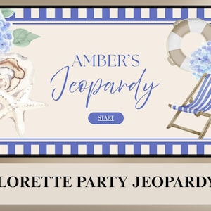Sjabloon Bachelorette Jeopardy-spel | Bewerkbare Bridal Jeopardy Canva PowerPoint | Vrijgezellenfeestspel Coastal Beach CB01J