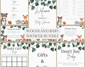 May include: A woodland-themed baby shower bundle with various games and signs. The bundle includes a Momosa Bar sign, a diaper raffle card, a baby shower scramble game, a thank you card, a baby gift bingo card, and a "Don't Say Baby" game.