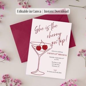 Cherry On Top 21st Birthday Invitation: Red Martini, Girls Night (Digital Download)