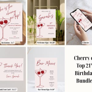 Puede incluir: Un conjunto de suministros para fiestas con el tema de la cereza en la parte superior. Incluye una invitación, un letrero de bienvenida, una tarjeta de agradecimiento, un menú de bar y una maqueta de pantalla de teléfono. Todos los artículos presentan una copa de cóctel roja con cerezas y texto.