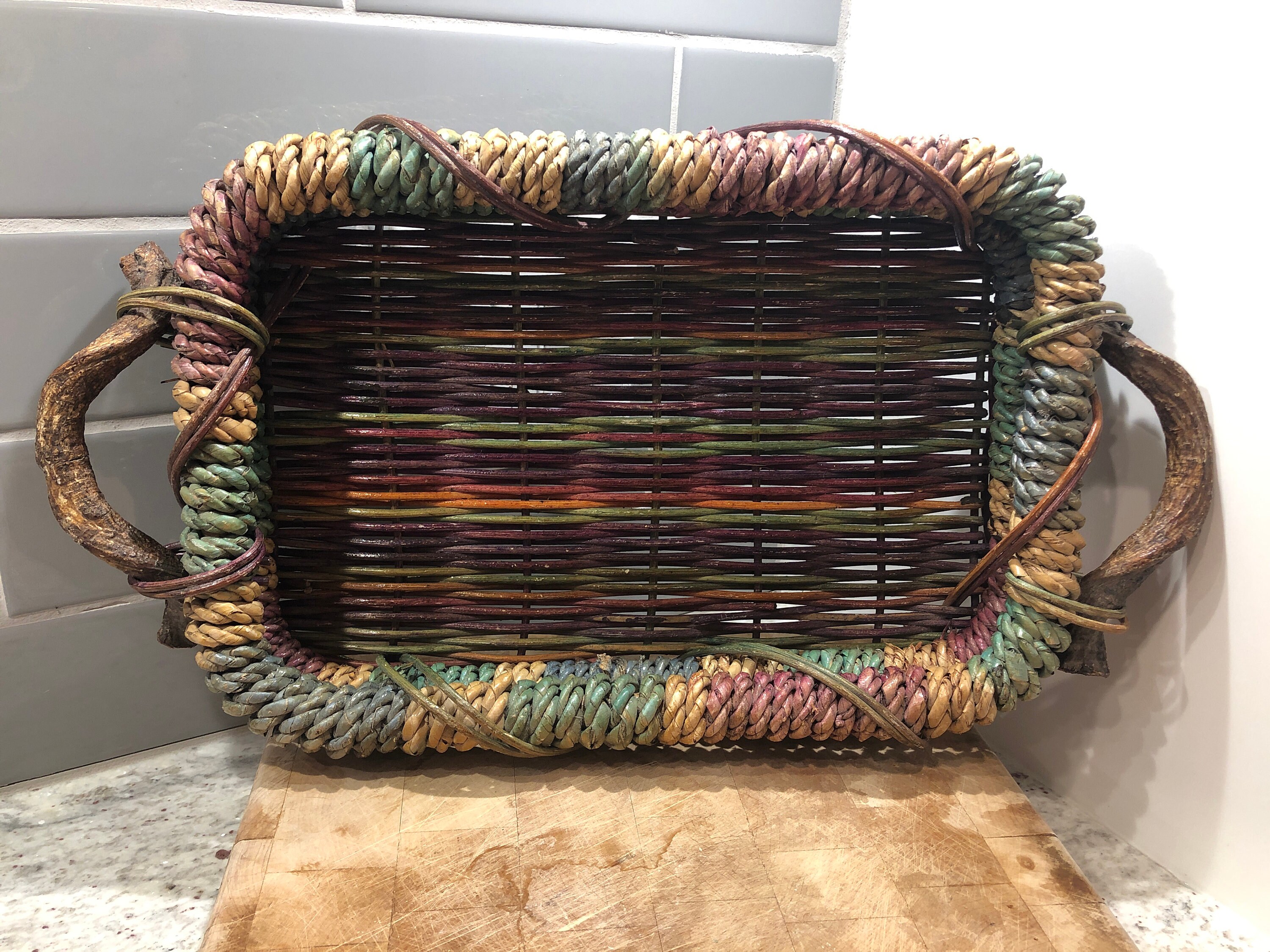 Beautiful colorful woven tray with wooden handles Etsy
