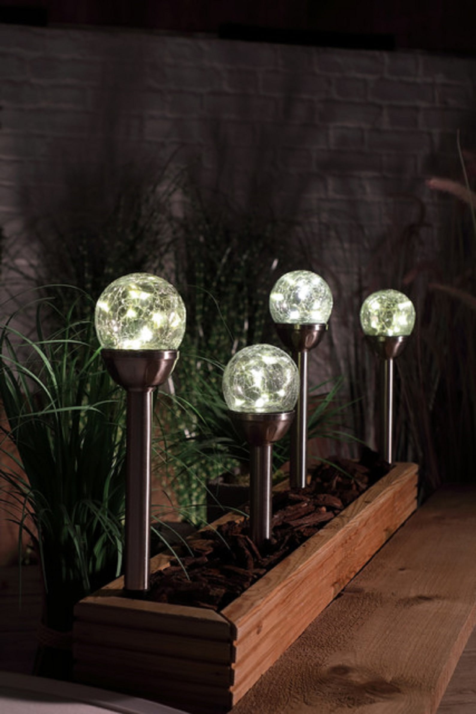 Solar Set of 4 White Crackle Ball Stake Lights Etsy