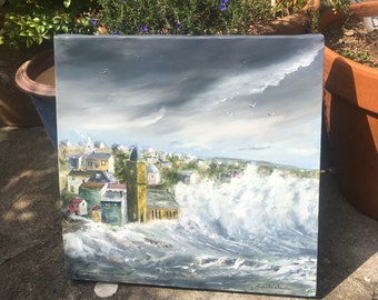 Porthleven, Cornwall oil painting, original on canvas, showing storm of  February 2014 Deep edged, ready to hang.