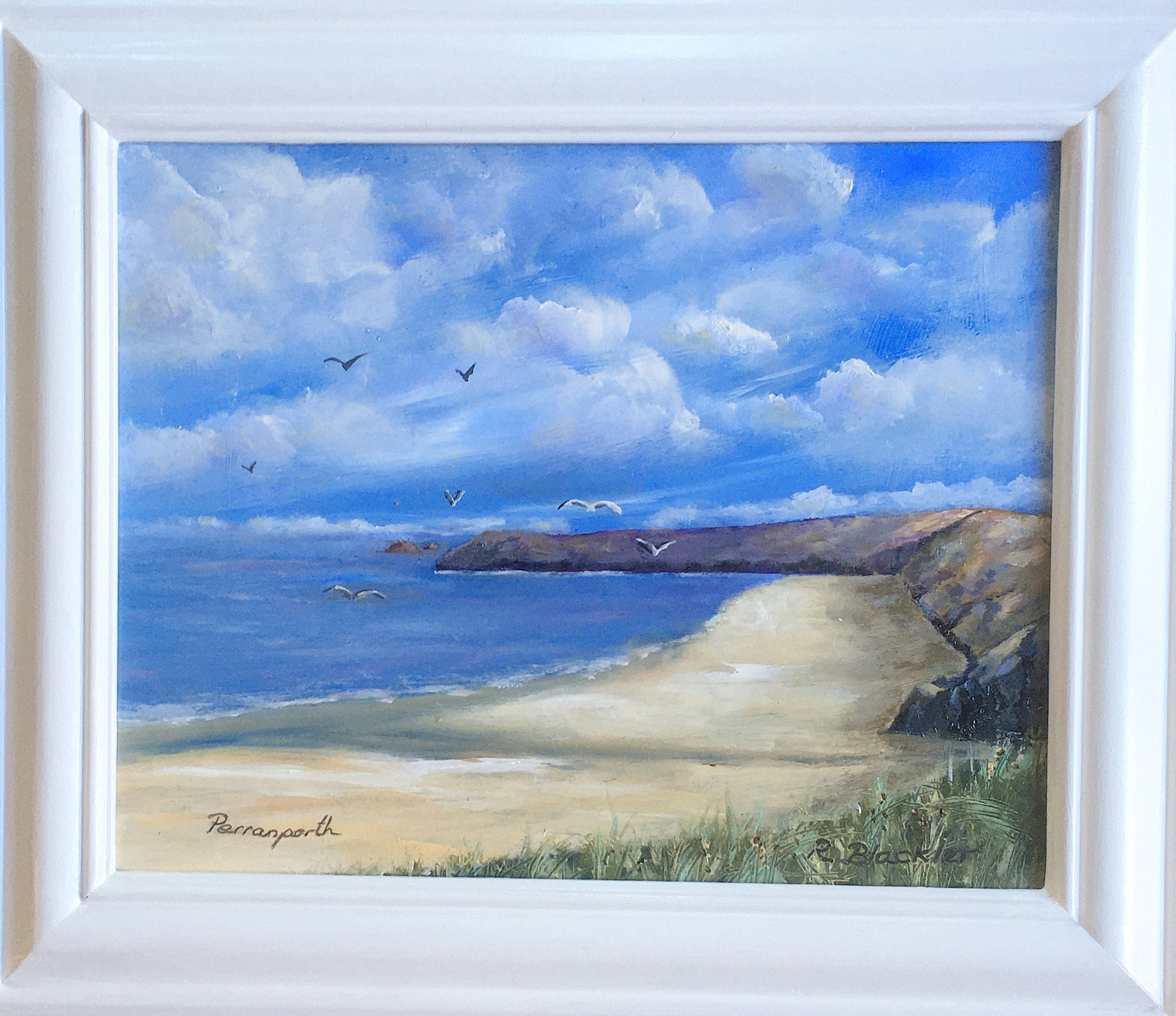 Cornish Beach Oil Painting. Perranporth, Cornwall Original  Oil Painting on board, framed, Atlantic coast, surfers paradise. Ready to hang.
