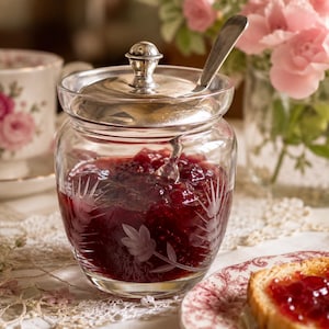 May include: A clear glass jam jar with a silver-toned lid and a matching silver spoon. The jar features an etched floral pattern on the exterior and is filled with a deep red fruit preserve. The lid has a small, rounded knob handle on top.