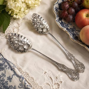 Antique Pair of Silver Plated Repoussé Berry & Fruit Serving Spoons, Queens Pattern Variant, Monogrammed CFH/CJH, 9 Inch, c.1885–1905