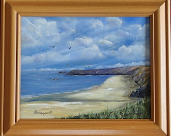 Oil Painting of Perranporth, Cornwall Original  on board, framed, Atlantic coast, surfers paradise. Ready to hang.