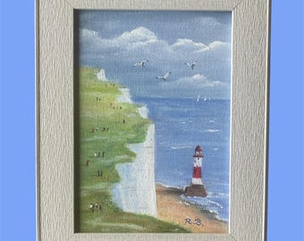 Beachy Head Oil Painting, White Cliff. Framed. Can stand or hang.
