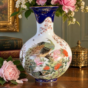 May include: A white porcelain vase with a flared neck featuring a deep blue rim and gold accents. The body is decorated with a detailed peacock illustration, vibrant red and pink peony flowers, and delicate branches, all set against a white background.